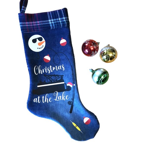 Handmade Denim Christmas Stocking: Lake Cabin Decor, Pontoon Fishing, Size S-M - Picture 1 of 7